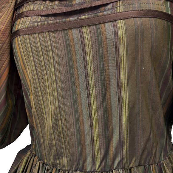 ALBERT NIPON VTG 70's Balloon Sleeves Chocolat Brown Green Taffeta Tent Dress S - Picture 11 of 12